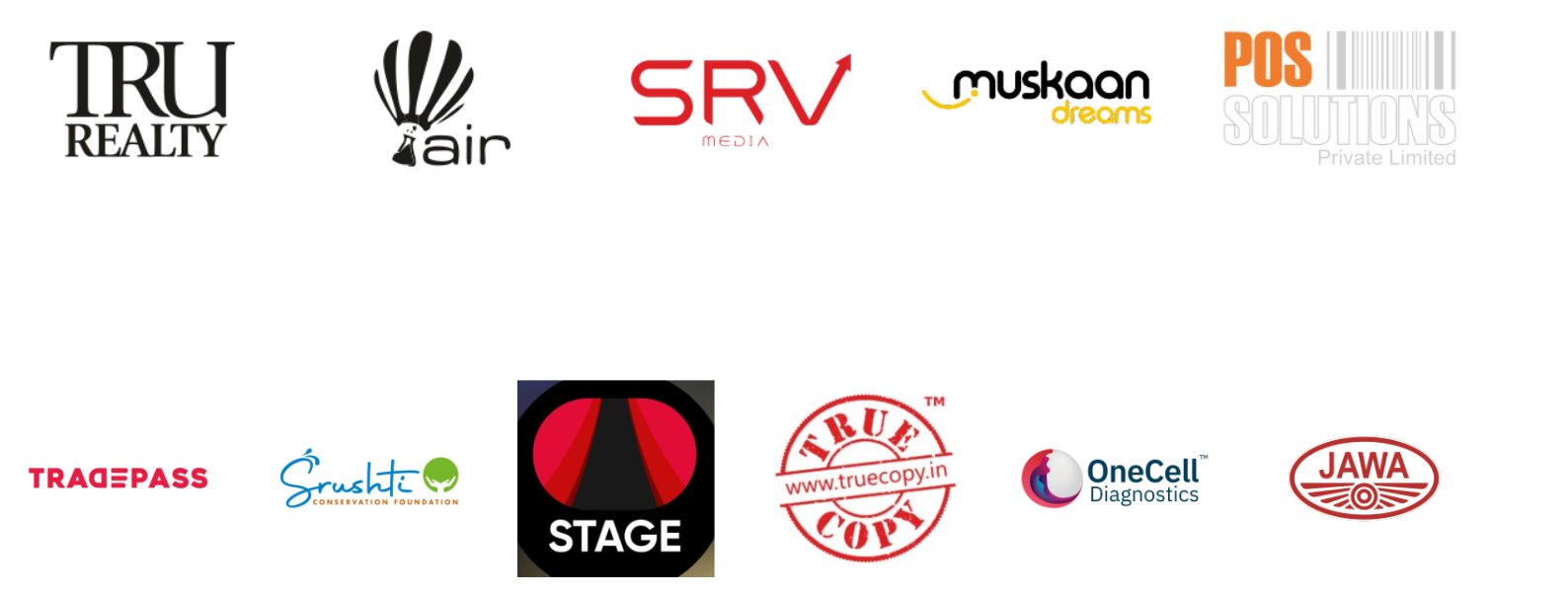 Client logos: TRU Realty, AIR, SRV Media, Muskaan Dreams, POS Solutions, Tradepass, Srushti Foundation, Stage, Truecopy, OneCell Diagnostics, JAWA